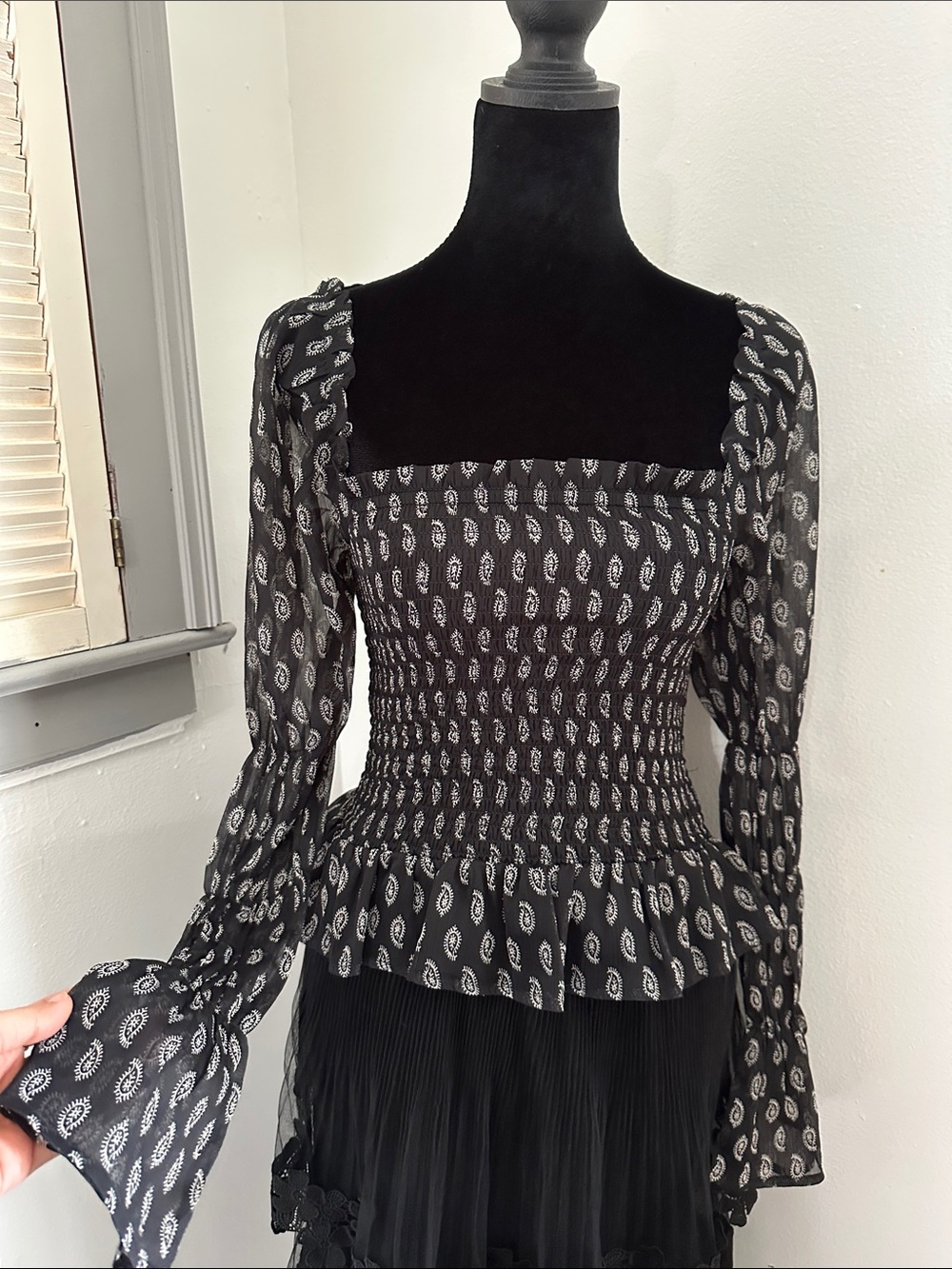 Black Smocked Off-Shoulder Top with White Paisley Print